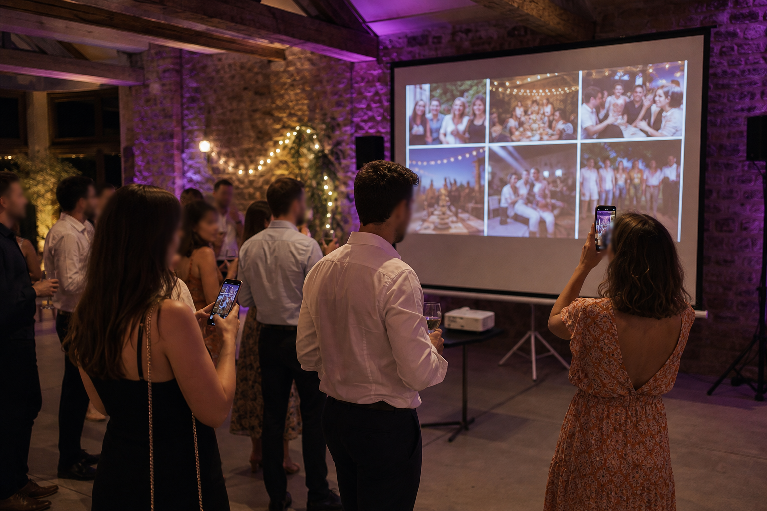 Invités anonymisés devant une projection de photos de soirée