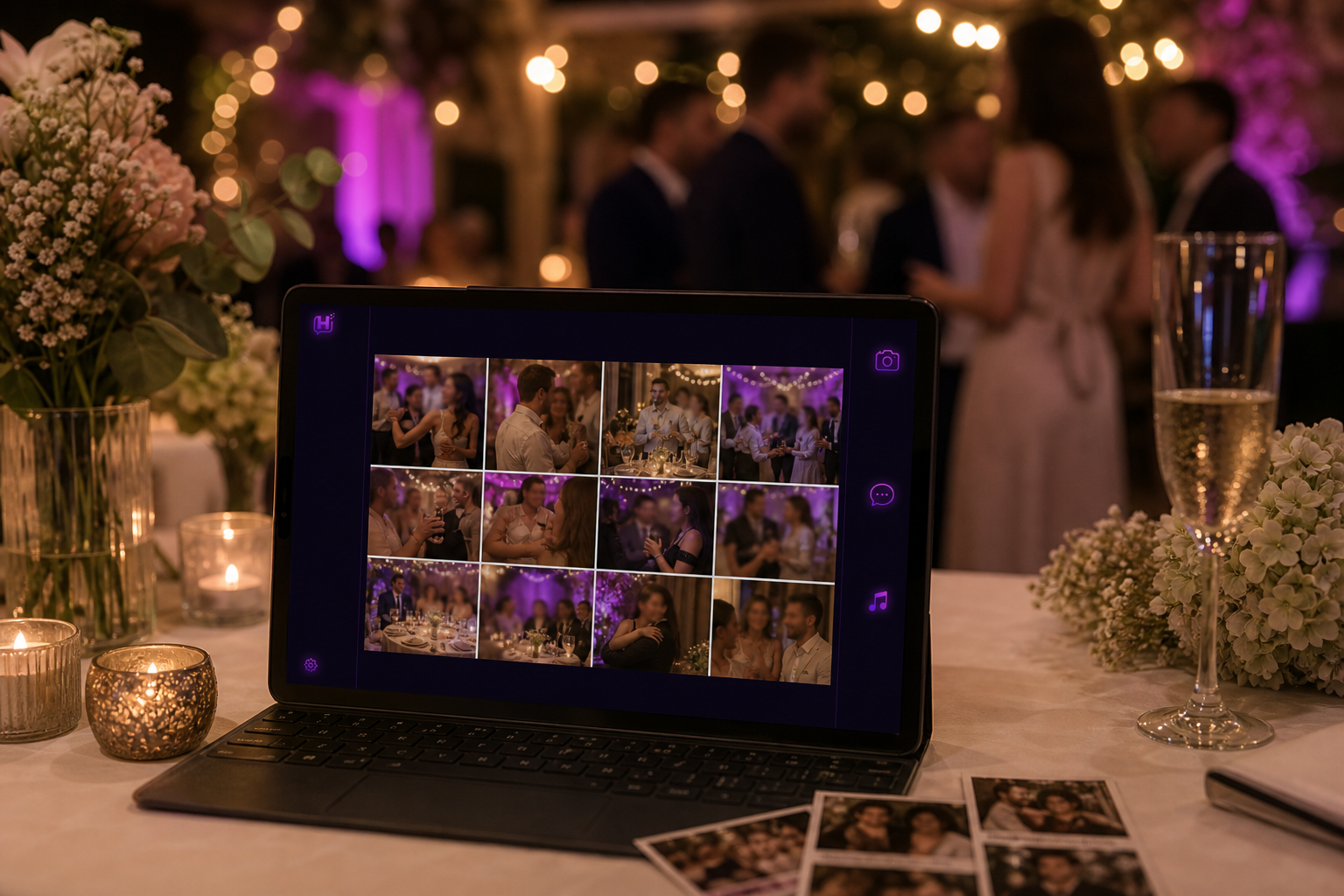 Galerie souvenir Hubfiz sur tablette avec invités anonymisés en arrière-plan